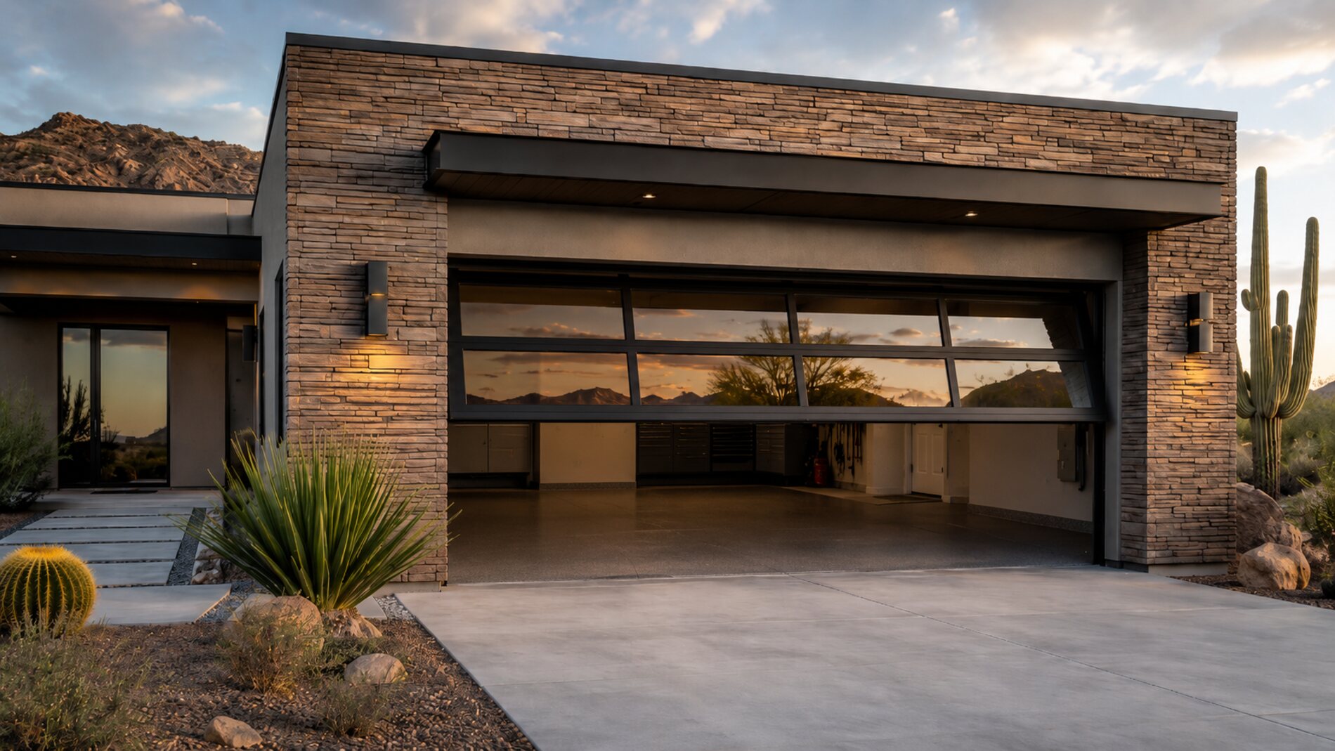 Modern garage door on a Phoenix desert home