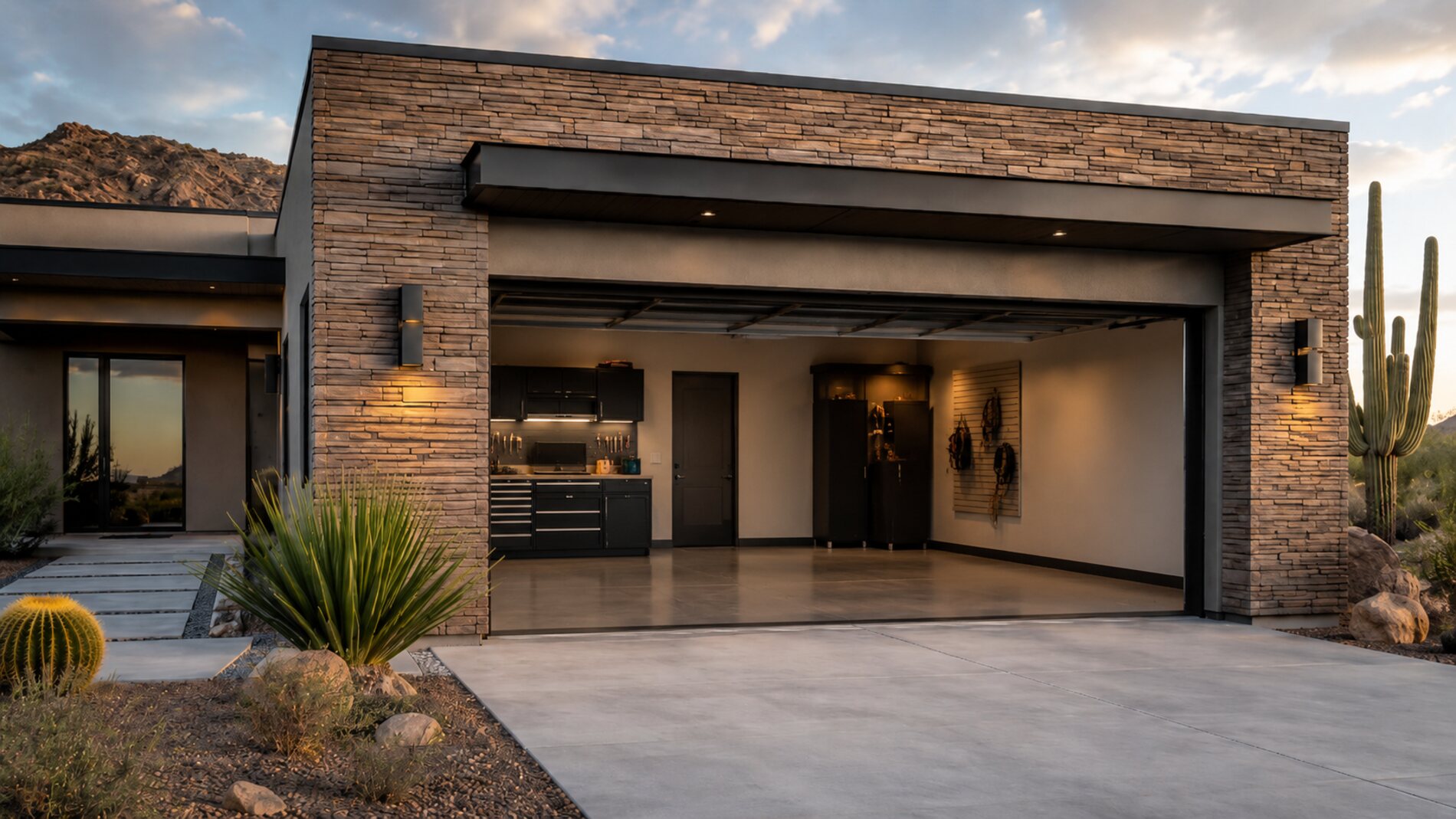 Modern garage door on a Phoenix desert home